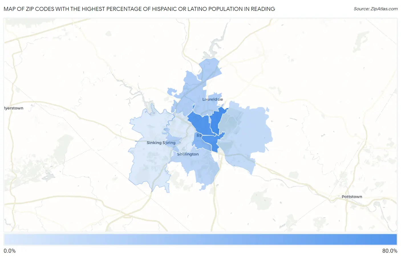 Zip Codes with the Highest Percentage of Hispanic or Latino Population in Reading Map