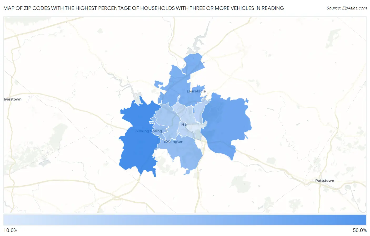 Zip Codes with the Highest Percentage of Households With Three or more Vehicles in Reading Map