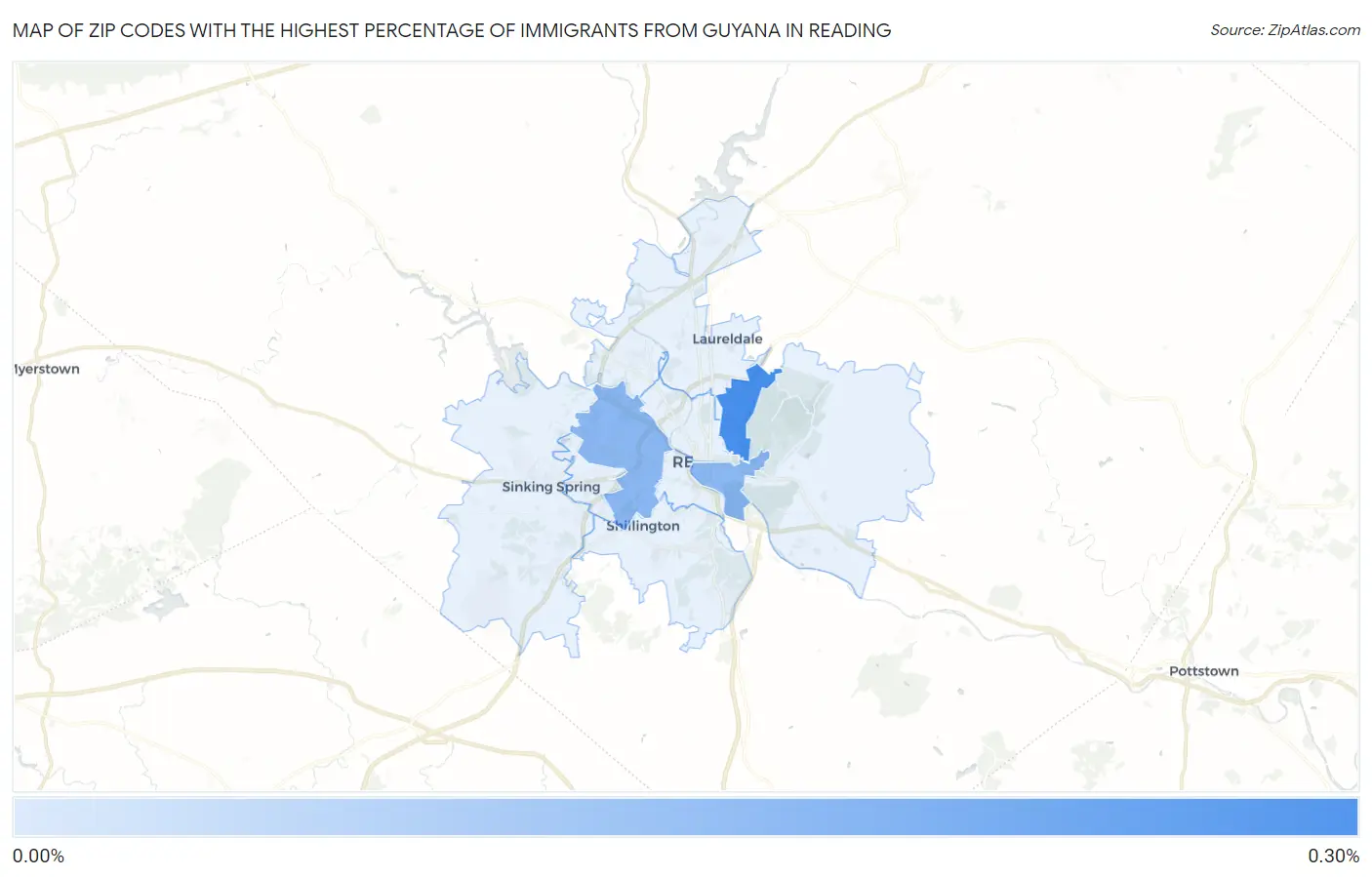 Zip Codes with the Highest Percentage of Immigrants from Guyana in Reading Map