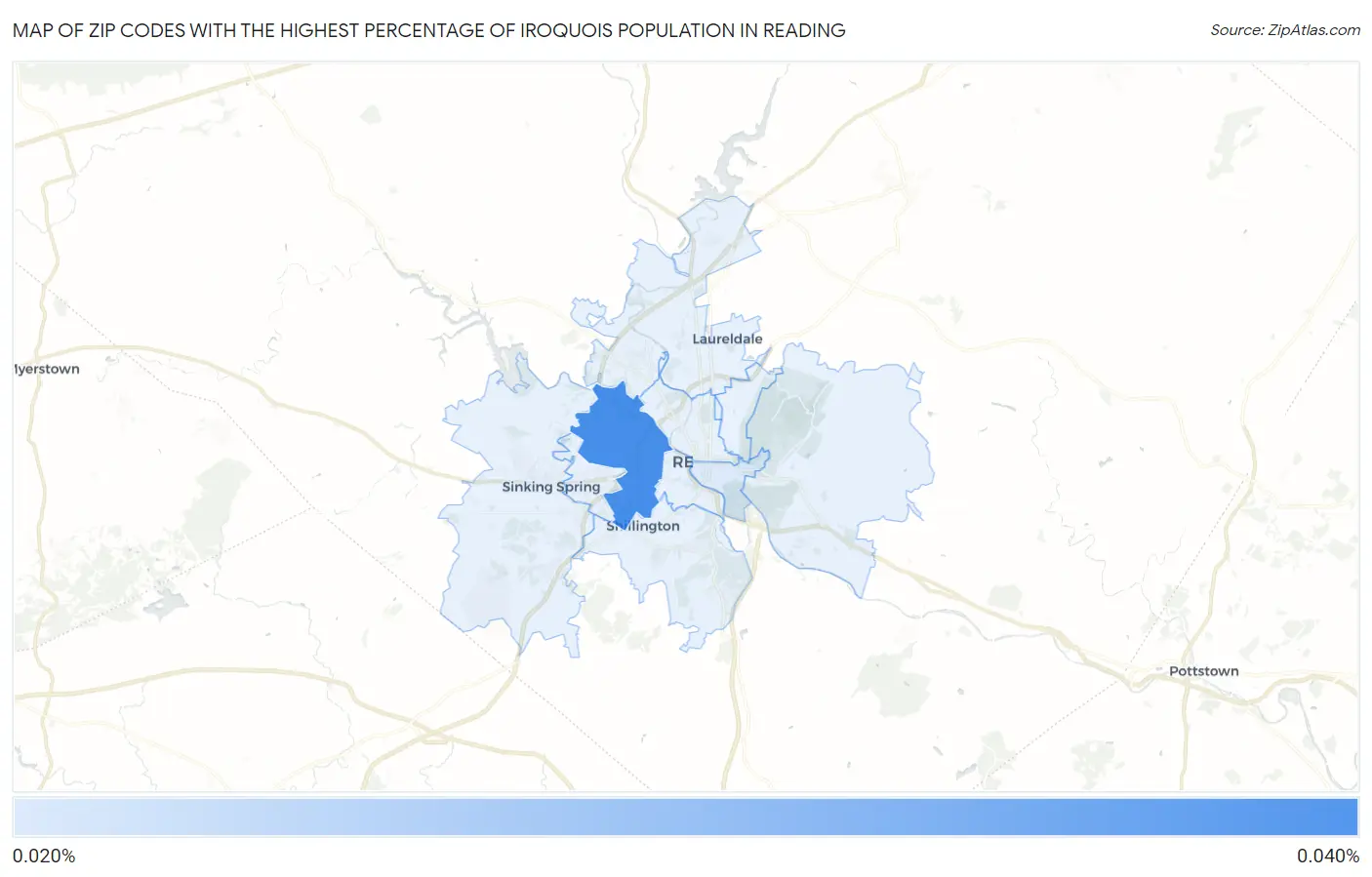 Zip Codes with the Highest Percentage of Iroquois Population in Reading Map
