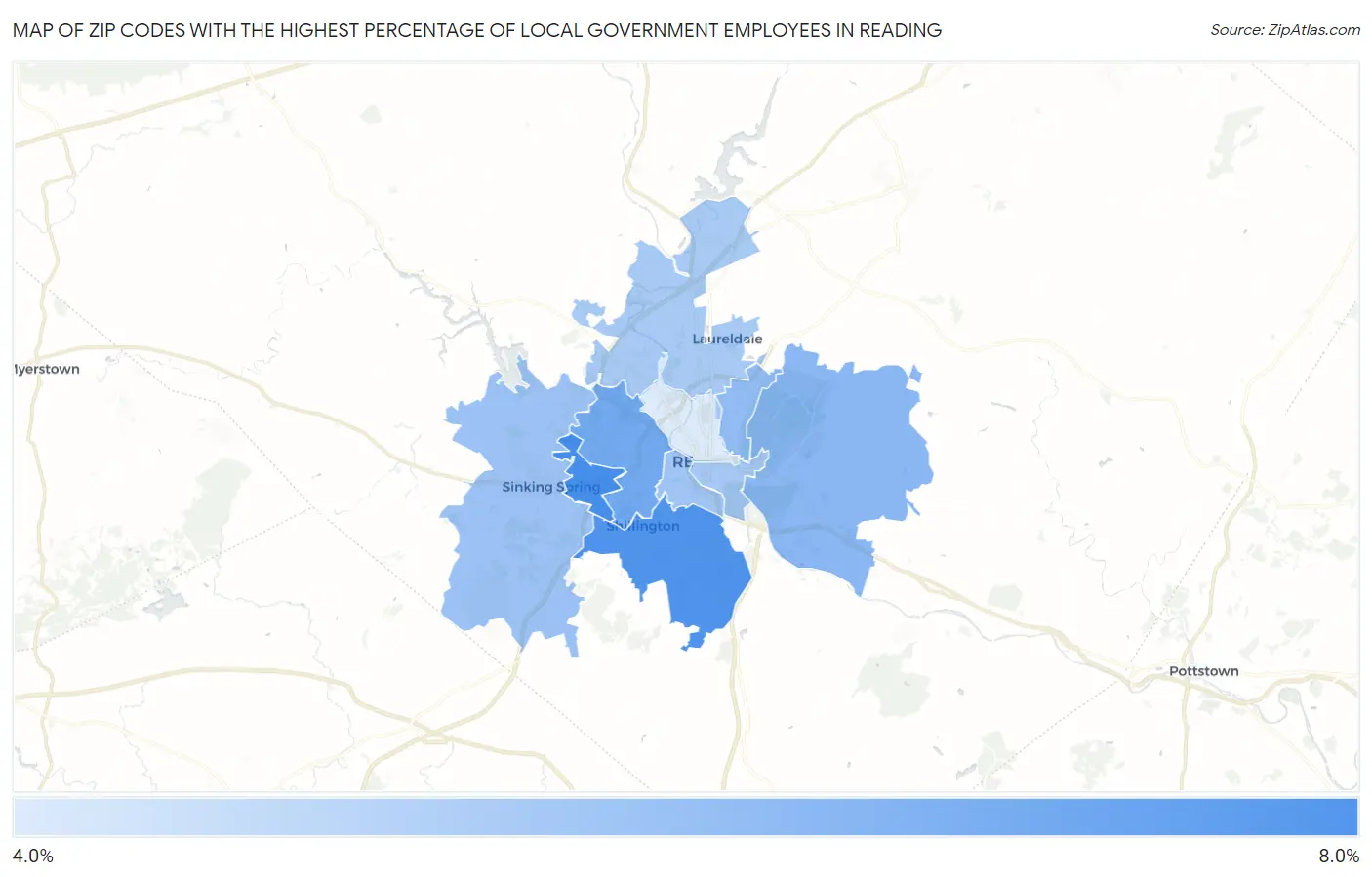 Zip Codes with the Highest Percentage of Local Government Employees in Reading Map