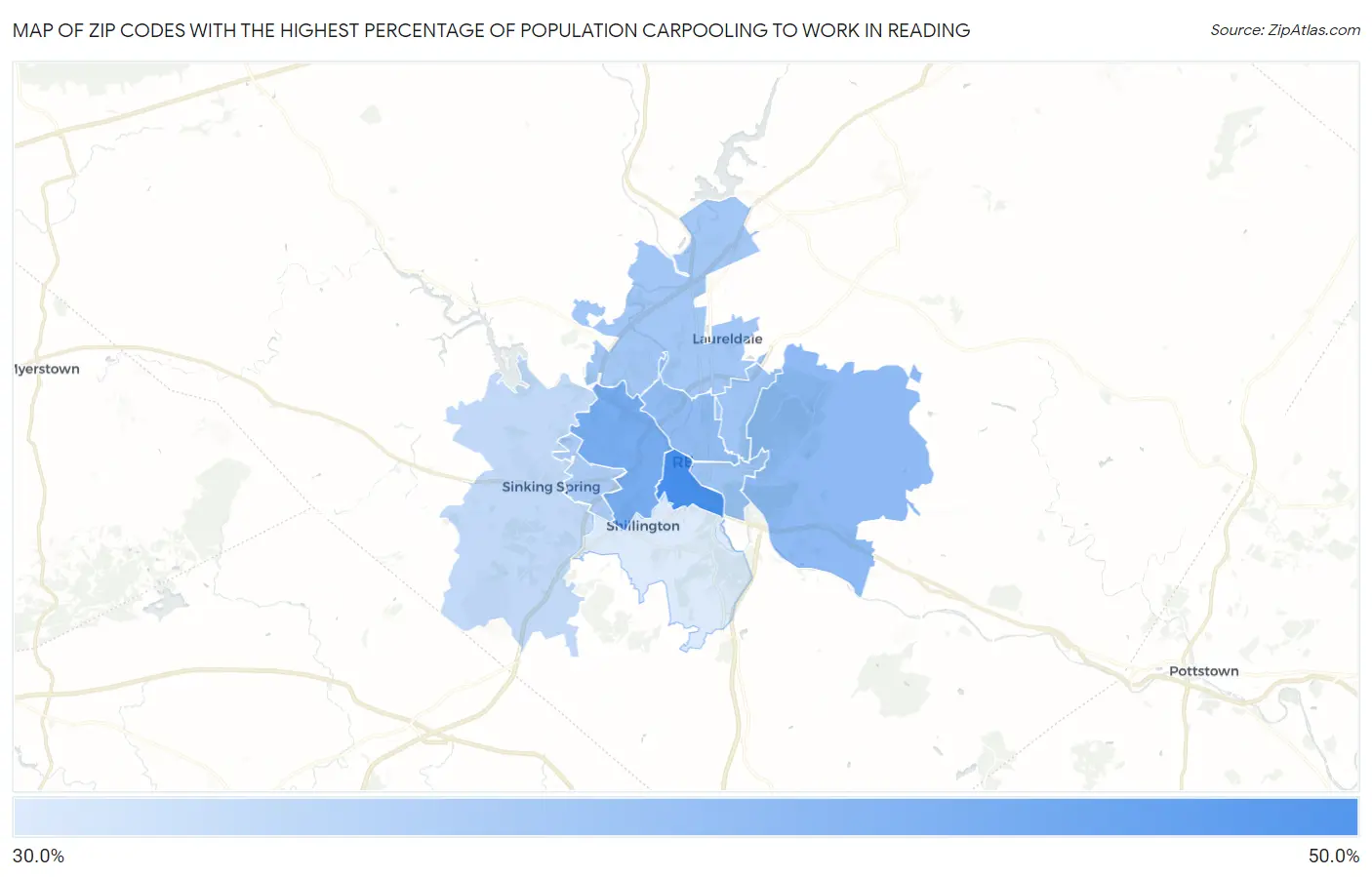 Zip Codes with the Highest Percentage of Population Carpooling to Work in Reading Map