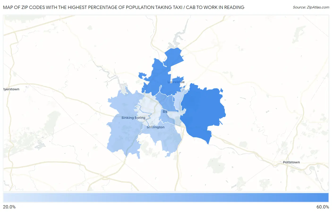 Zip Codes with the Highest Percentage of Population Taking Taxi / Cab to Work in Reading Map