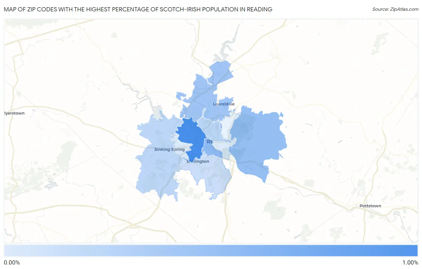 Zip Codes with the Highest Percentage of Scotch-Irish Population in Reading Map