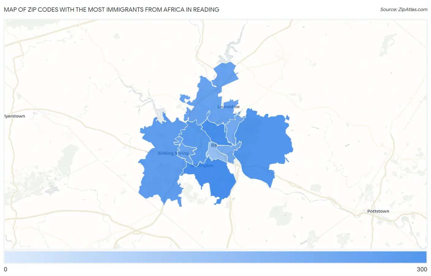 Zip Codes with the Most Immigrants from Africa in Reading Map