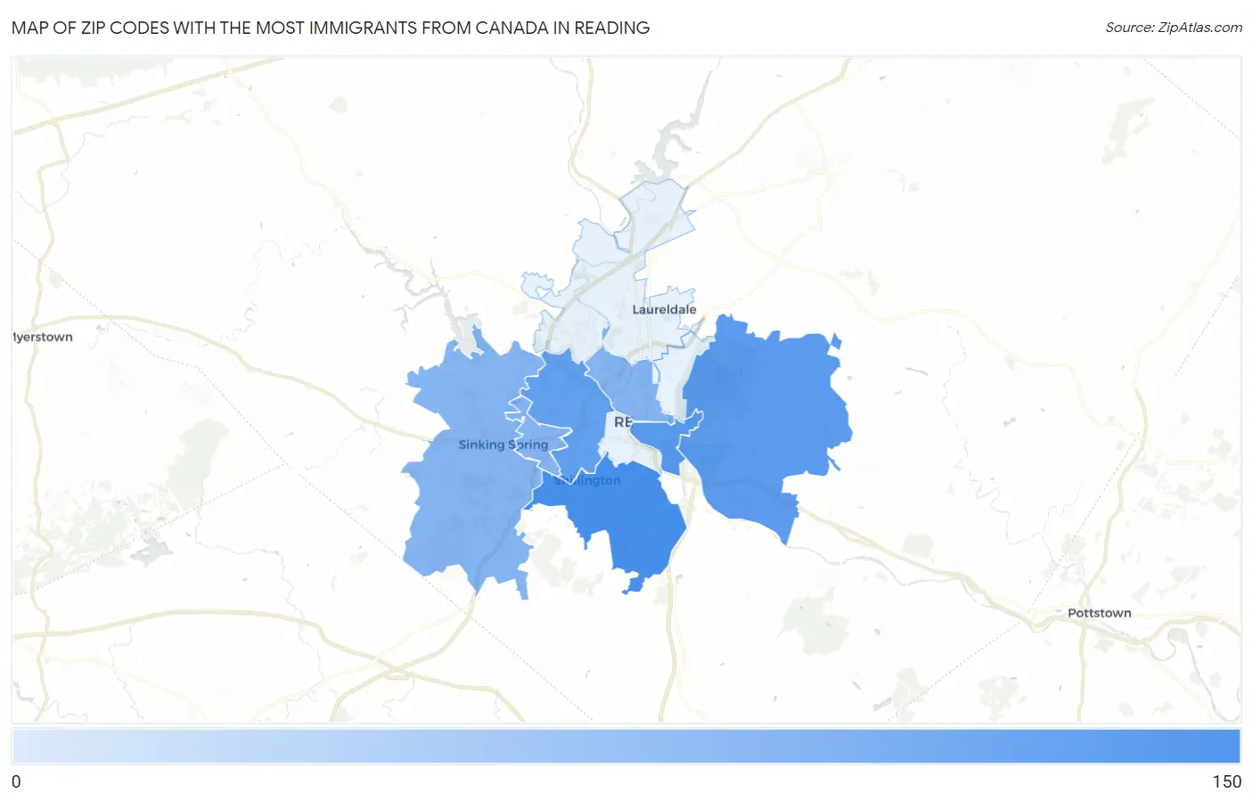 Zip Codes with the Most Immigrants from Canada in Reading Map