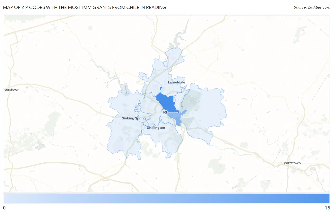 Zip Codes with the Most Immigrants from Chile in Reading Map