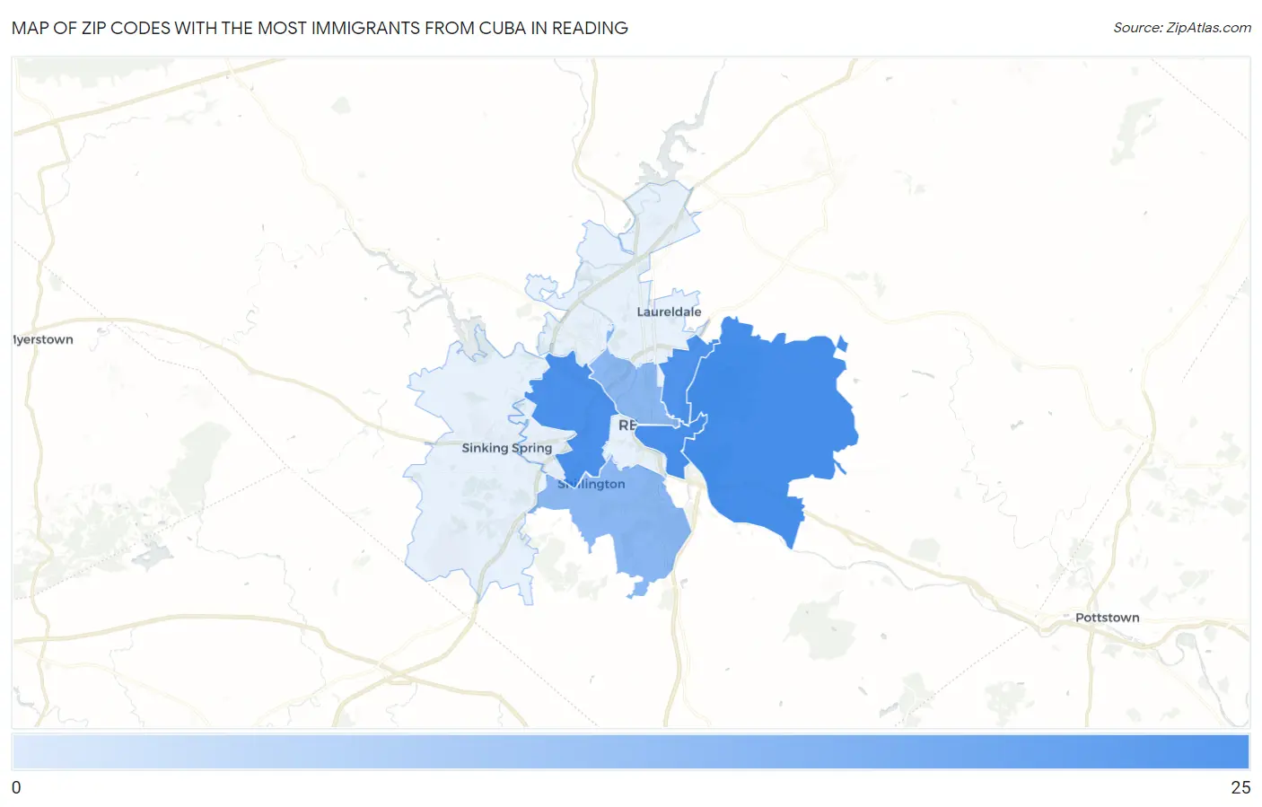Zip Codes with the Most Immigrants from Cuba in Reading Map