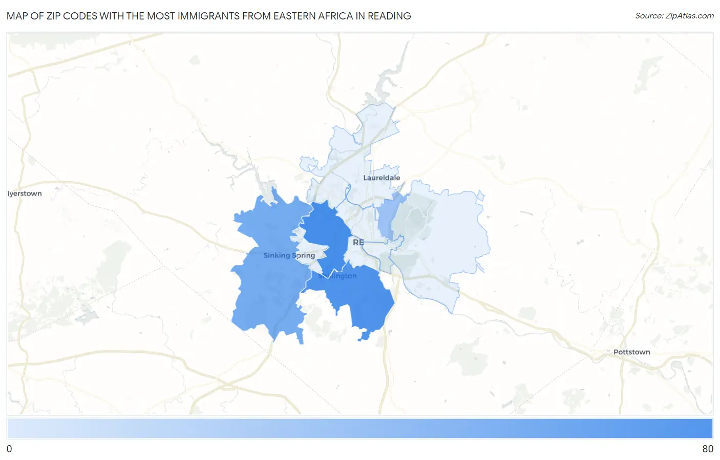 Zip Codes with the Most Immigrants from Eastern Africa in Reading Map