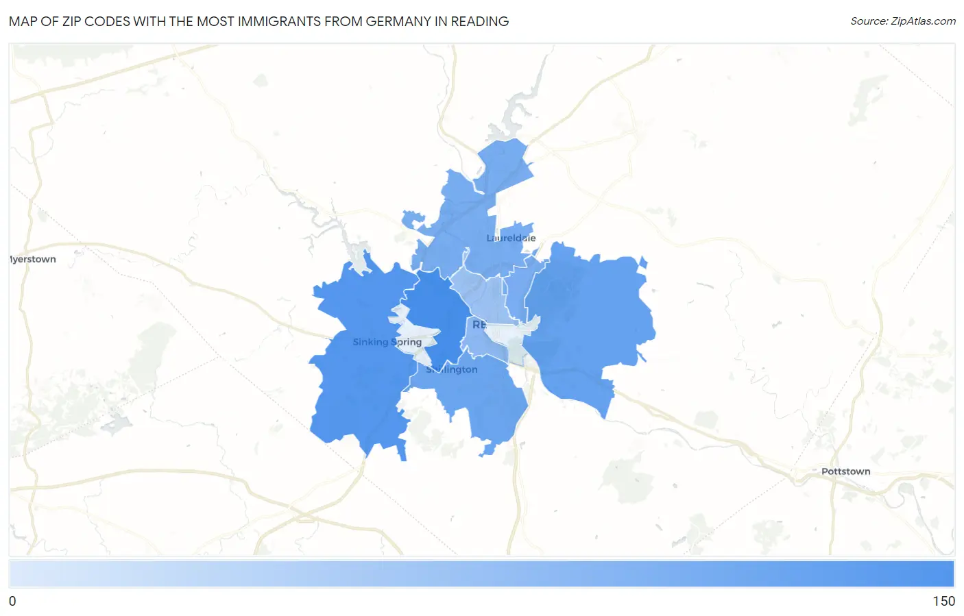 Zip Codes with the Most Immigrants from Germany in Reading Map
