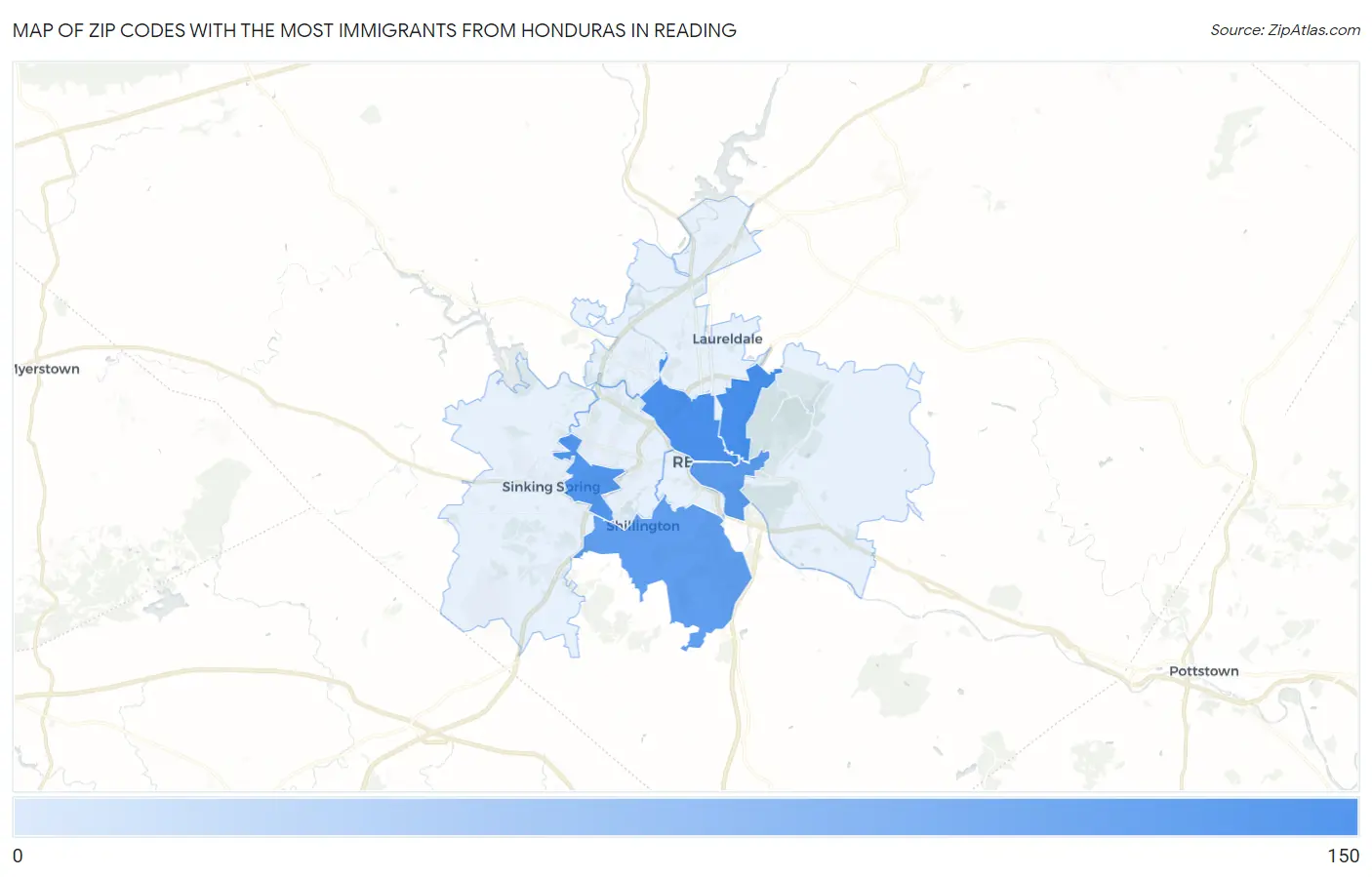 Zip Codes with the Most Immigrants from Honduras in Reading Map
