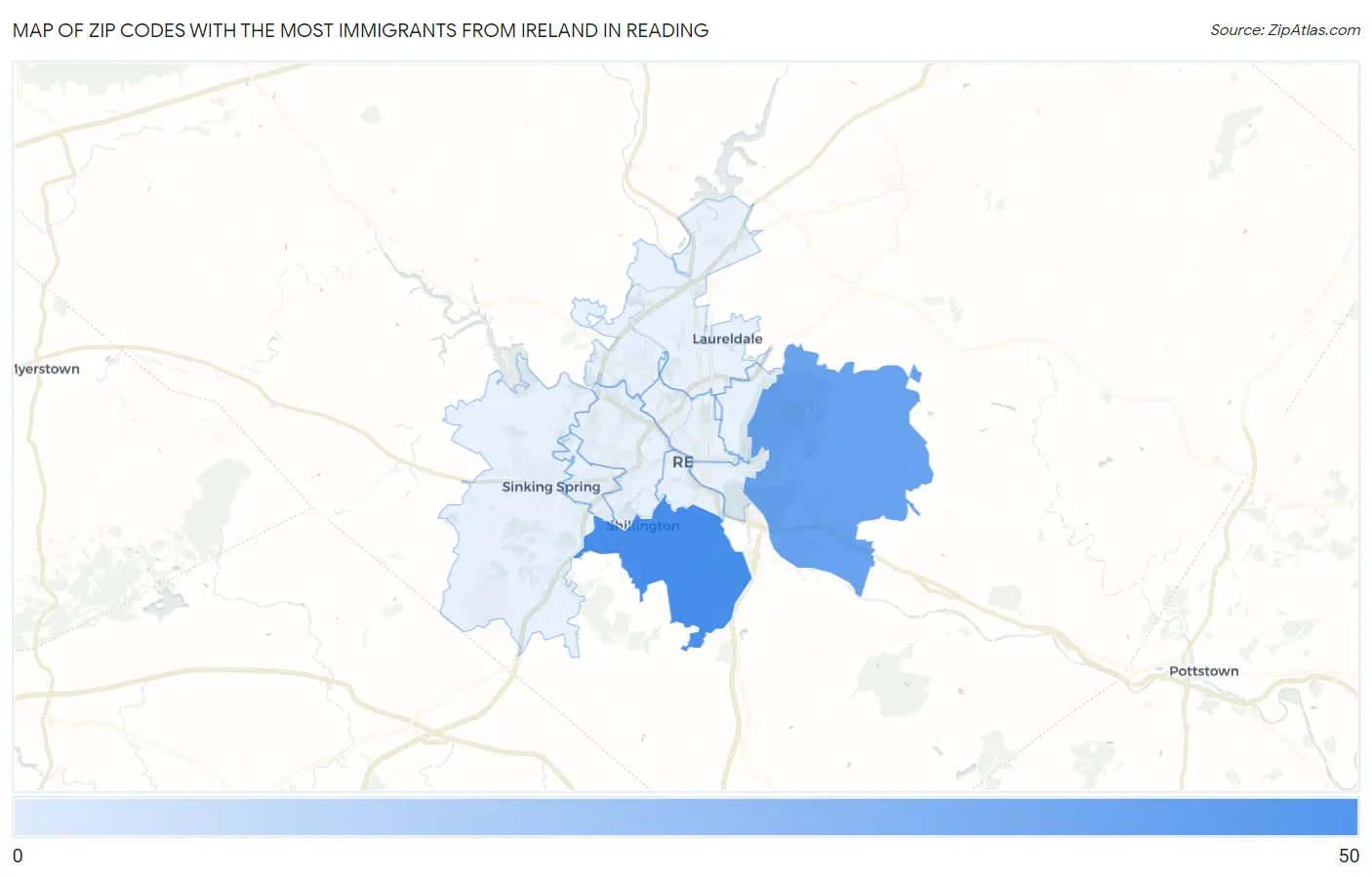 Zip Codes with the Most Immigrants from Ireland in Reading Map