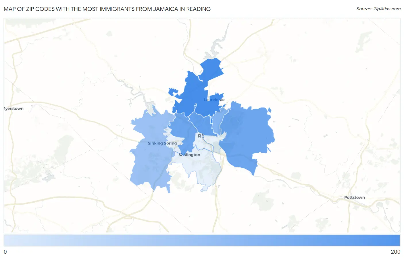Zip Codes with the Most Immigrants from Jamaica in Reading Map