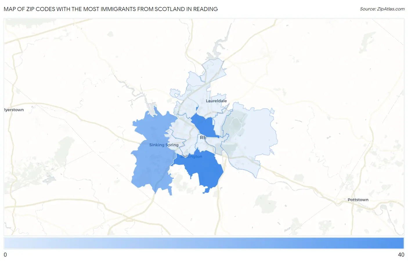 Zip Codes with the Most Immigrants from Scotland in Reading Map