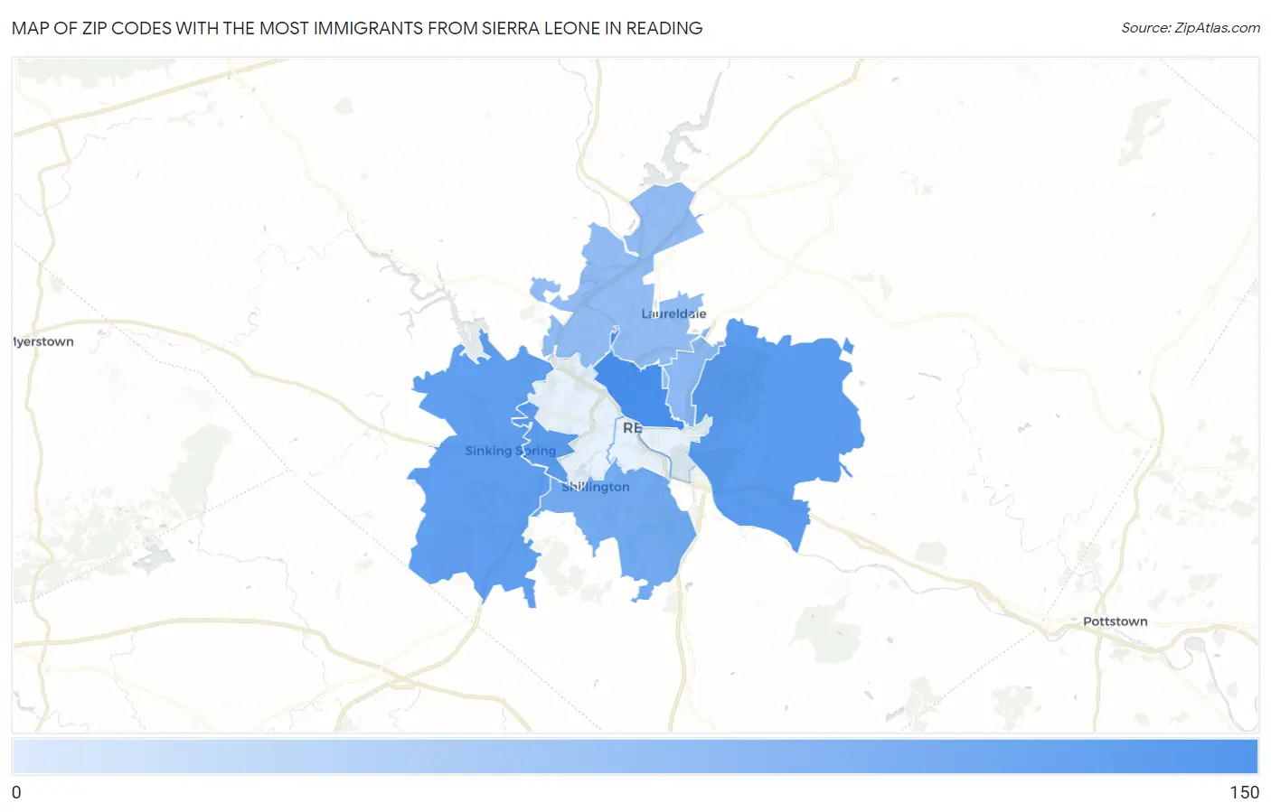 Zip Codes with the Most Immigrants from Sierra Leone in Reading Map