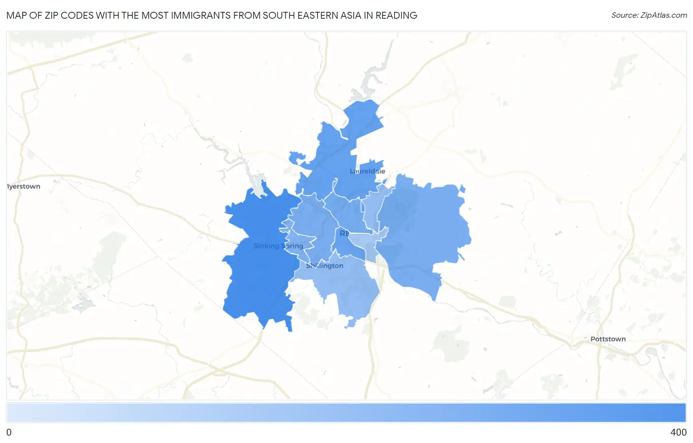 Zip Codes with the Most Immigrants from South Eastern Asia in Reading Map