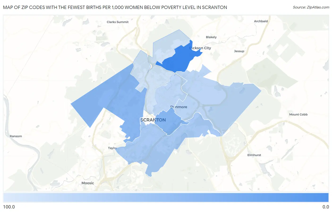 Zip Codes with the Fewest Births per 1,000 Women Below Poverty Level in Scranton Map
