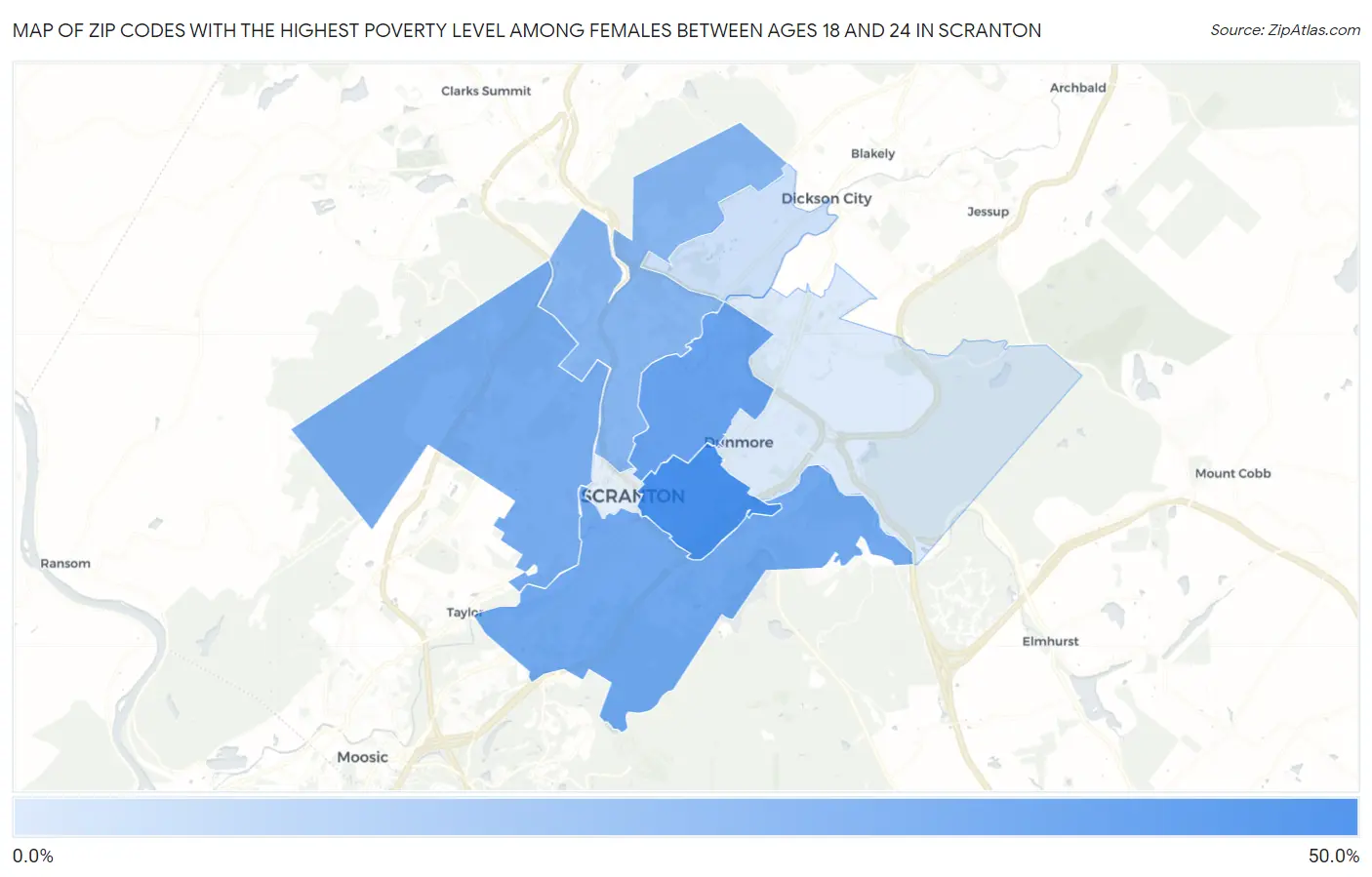 Zip Codes with the Highest Poverty Level Among Females Between Ages 18 and 24 in Scranton Map
