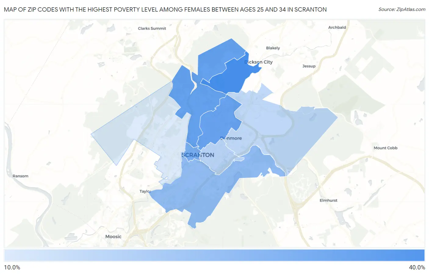 Zip Codes with the Highest Poverty Level Among Females Between Ages 25 and 34 in Scranton Map