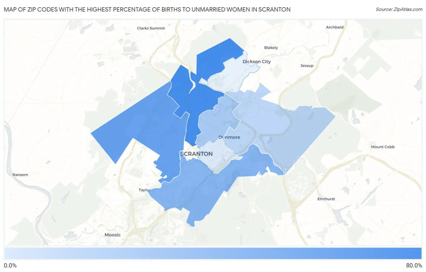 Zip Codes with the Highest Percentage of Births to Unmarried Women in Scranton Map