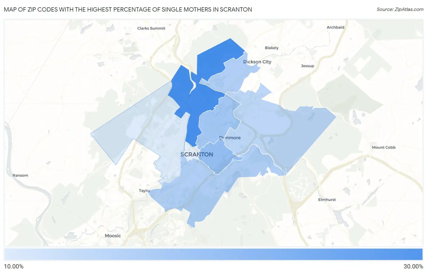 Zip Codes with the Highest Percentage of Single Mothers in Scranton Map