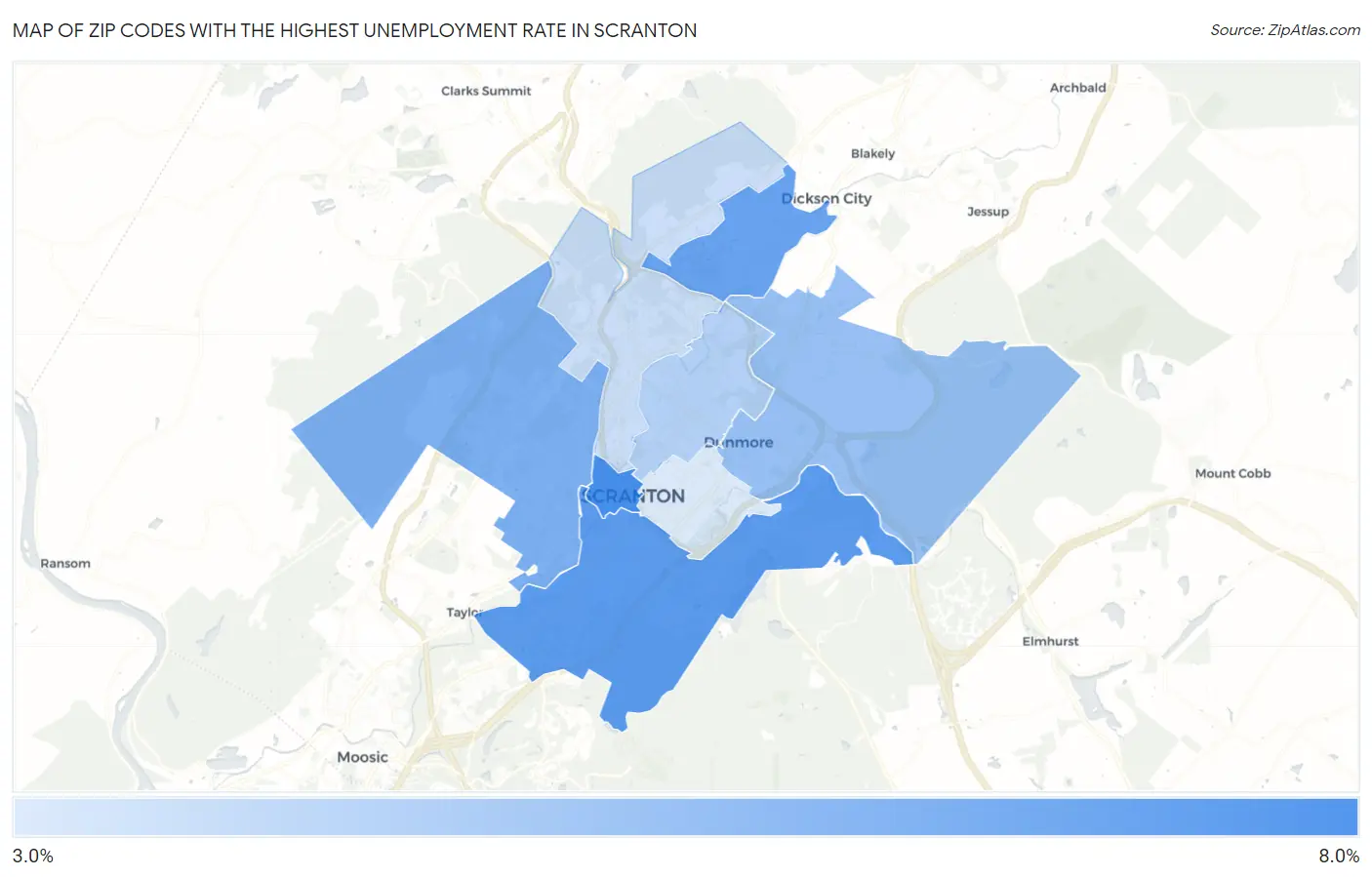 Zip Codes with the Highest Unemployment Rate in Scranton Map