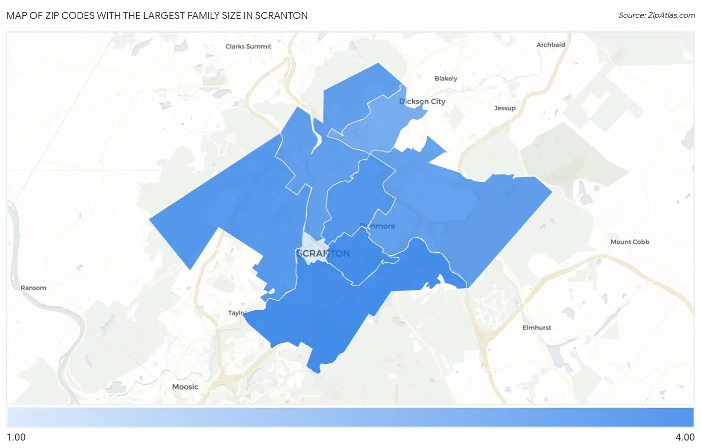 Zip Codes with the Largest Family Size in Scranton Map