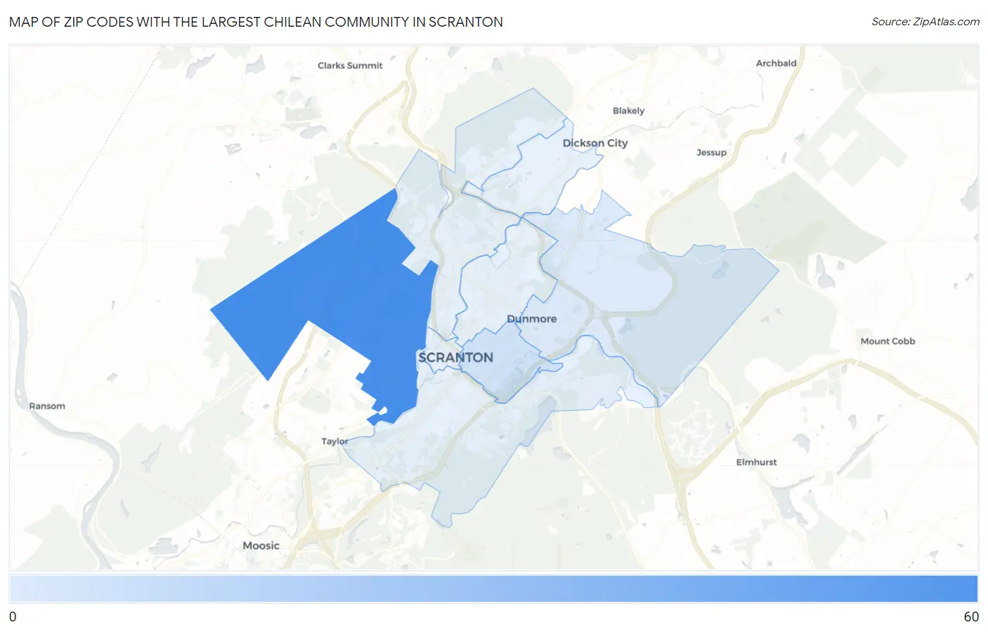 Zip Codes with the Largest Chilean Community in Scranton Map