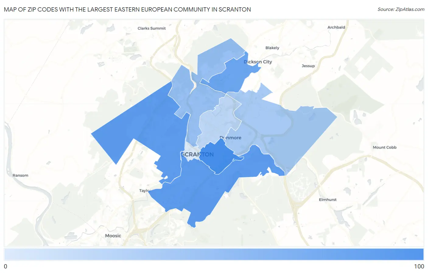 Zip Codes with the Largest Eastern European Community in Scranton Map
