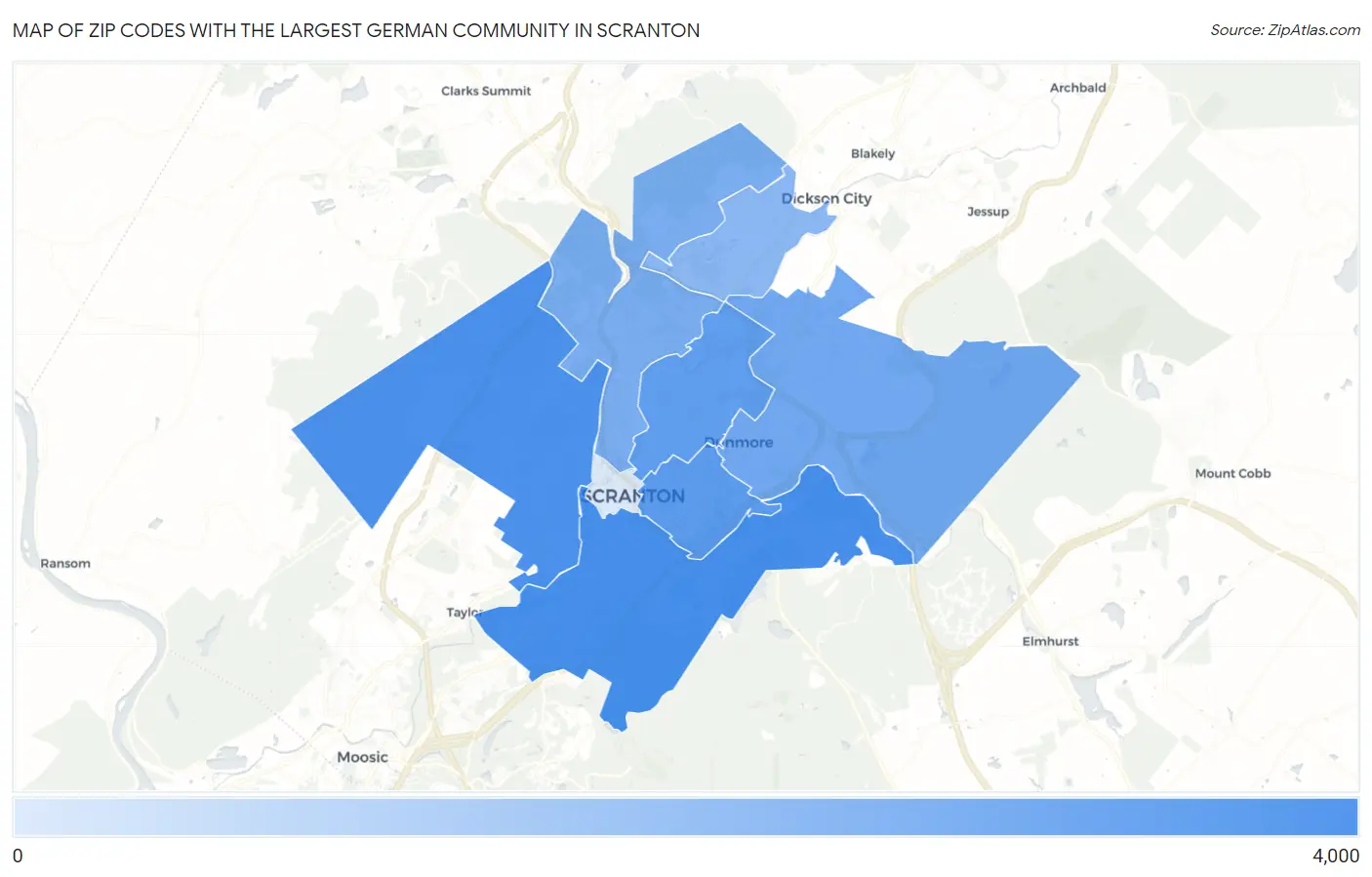 Zip Codes with the Largest German Community in Scranton Map