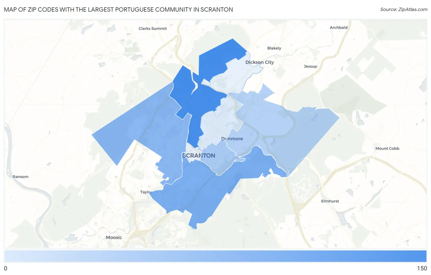 Zip Codes with the Largest Portuguese Community in Scranton Map