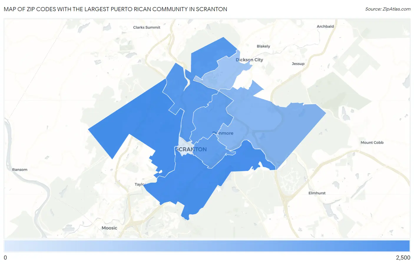 Zip Codes with the Largest Puerto Rican Community in Scranton Map