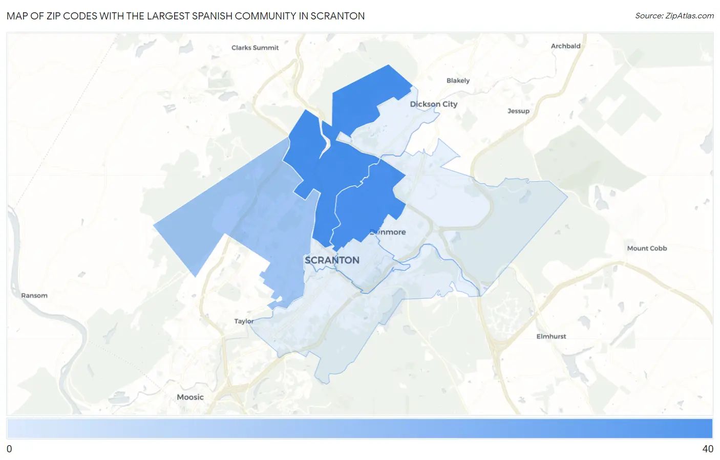 Zip Codes with the Largest Spanish Community in Scranton Map