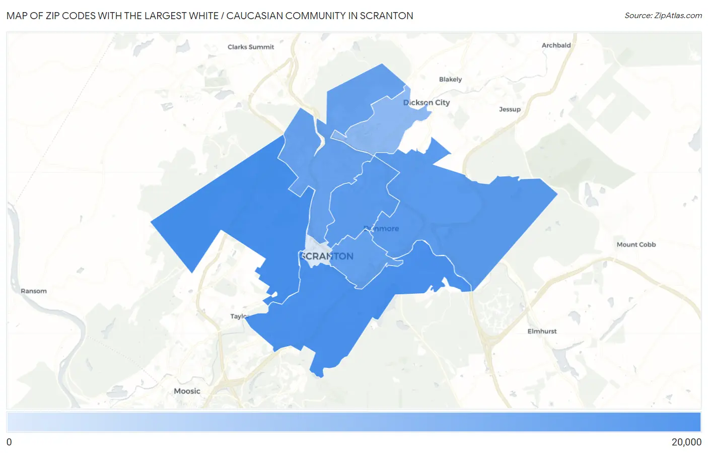 Zip Codes with the Largest White / Caucasian Community in Scranton Map