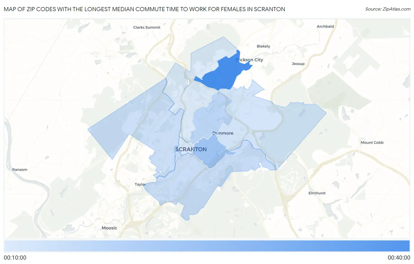 Zip Codes with the Longest Median Commute Time to Work for Females in Scranton Map