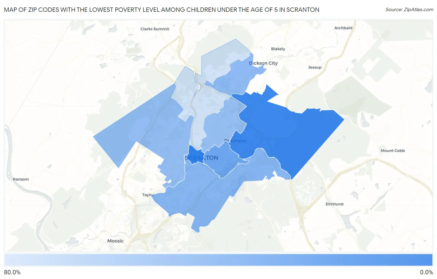 Zip Codes with the Lowest Poverty Level Among Children Under the Age of 5 in Scranton Map