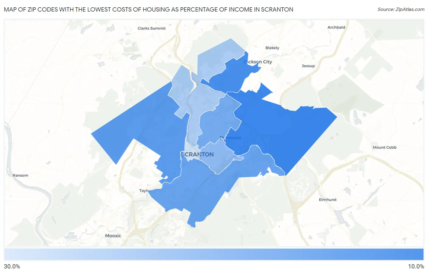Zip Codes with the Lowest Costs of Housing as Percentage of Income in Scranton Map