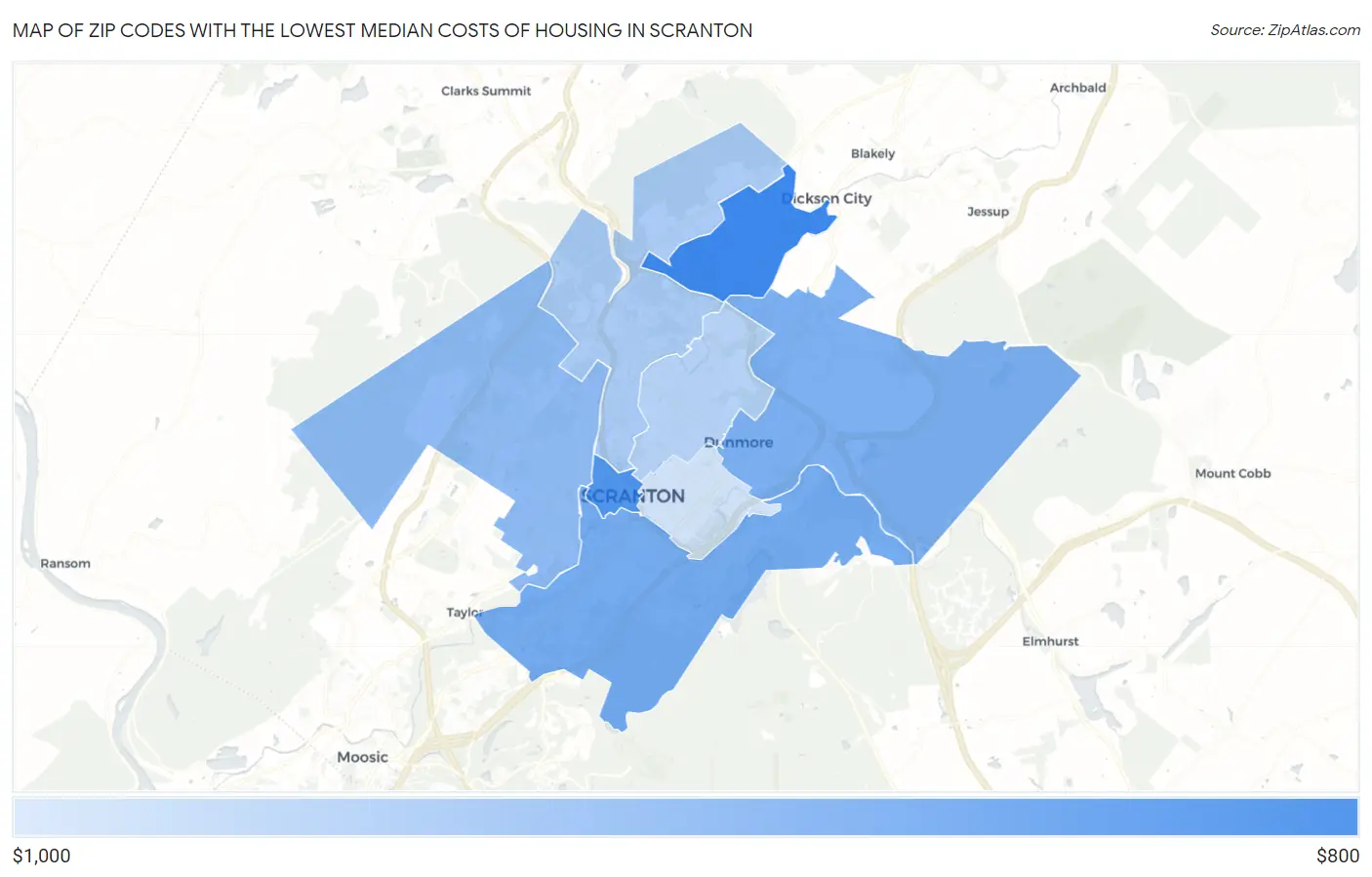 Zip Codes with the Lowest Median Costs of Housing in Scranton Map
