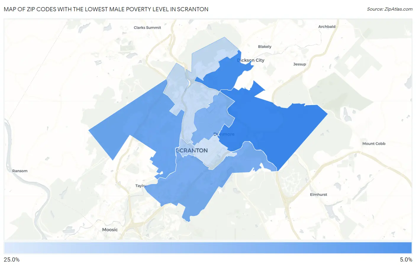 Zip Codes with the Lowest Male Poverty Level in Scranton Map