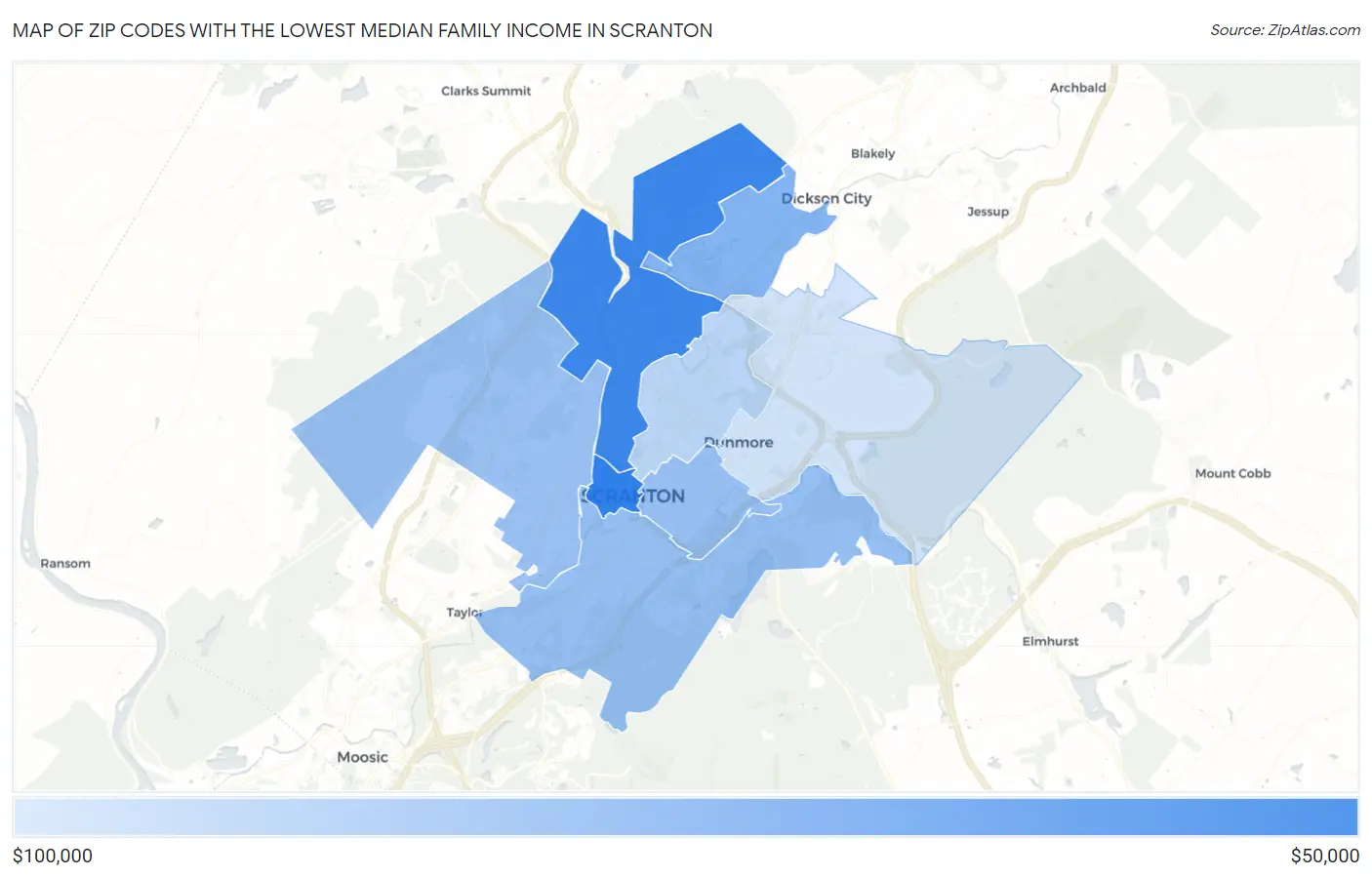 Zip Codes with the Lowest Median Family Income in Scranton Map