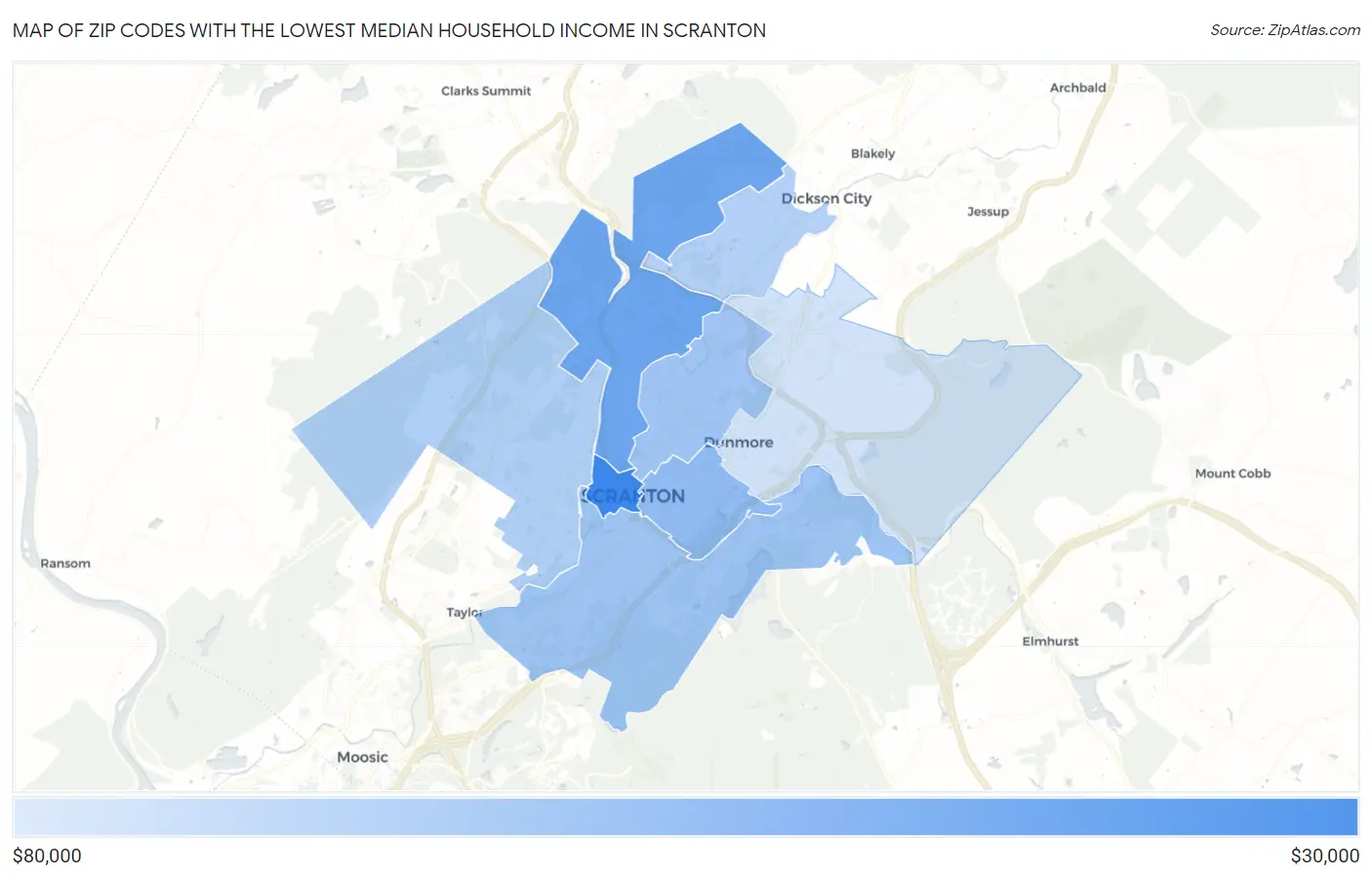 Zip Codes with the Lowest Median Household Income in Scranton Map