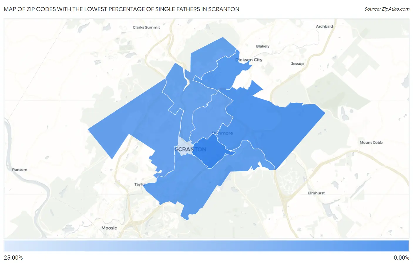 Zip Codes with the Lowest Percentage of Single Fathers in Scranton Map