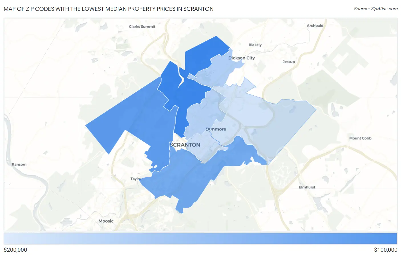 Zip Codes with the Lowest Median Property Prices in Scranton Map