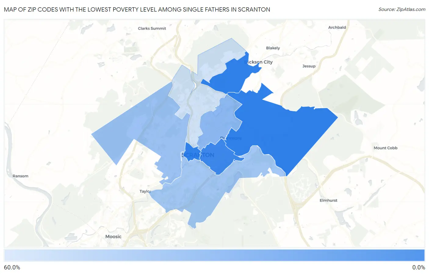Zip Codes with the Lowest Poverty Level Among Single Fathers in Scranton Map