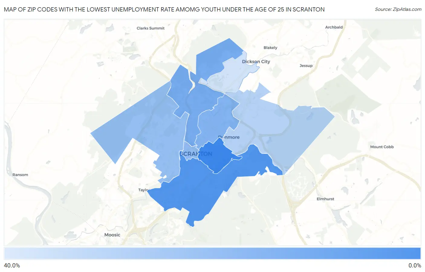 Zip Codes with the Lowest Unemployment Rate Amomg Youth Under the Age of 25 in Scranton Map