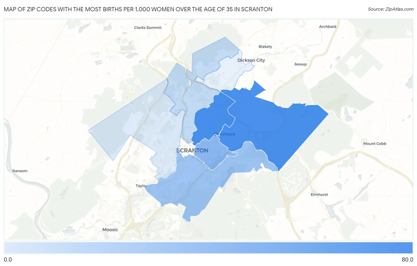 Zip Codes with the Most Births per 1,000 Women Over the Age of 35 in Scranton Map