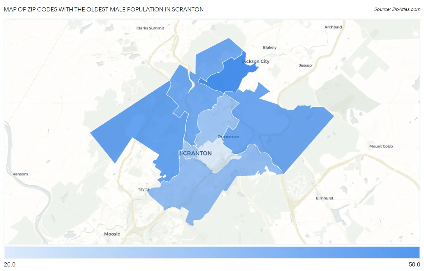 Zip Codes with the Oldest Male Population in Scranton Map