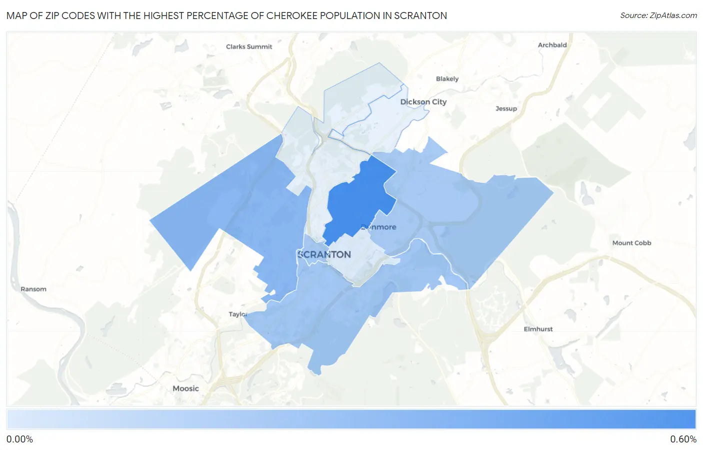 Zip Codes with the Highest Percentage of Cherokee Population in Scranton Map