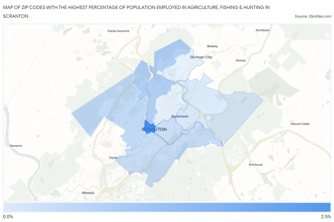 Zip Codes with the Highest Percentage of Population Employed in Agriculture, Fishing & Hunting in Scranton Map