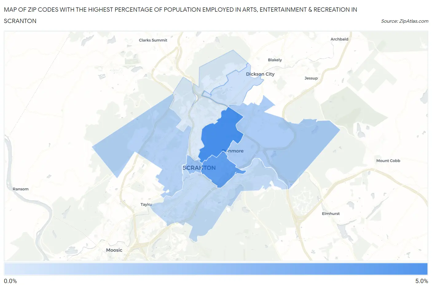Zip Codes with the Highest Percentage of Population Employed in Arts, Entertainment & Recreation in Scranton Map